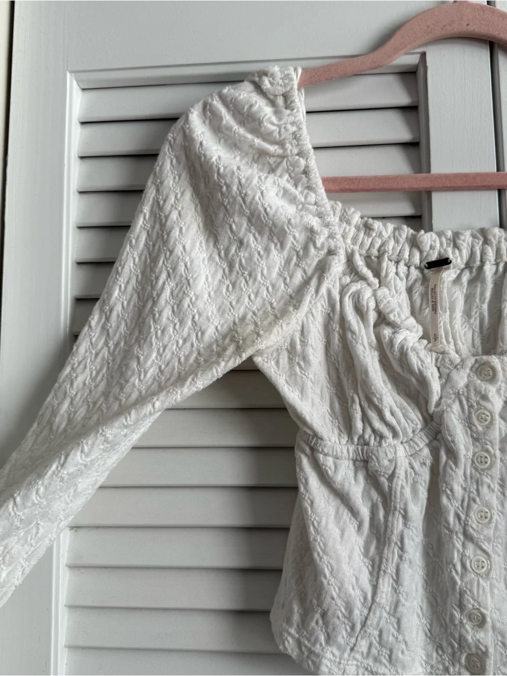 Free People White Puff-Sleeve Button Crop Top